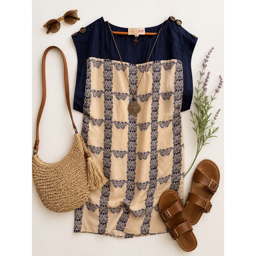 Tracy Reese Frock Navy Butterfly Print Button Silk Tunic Dress Boho Artsy 6